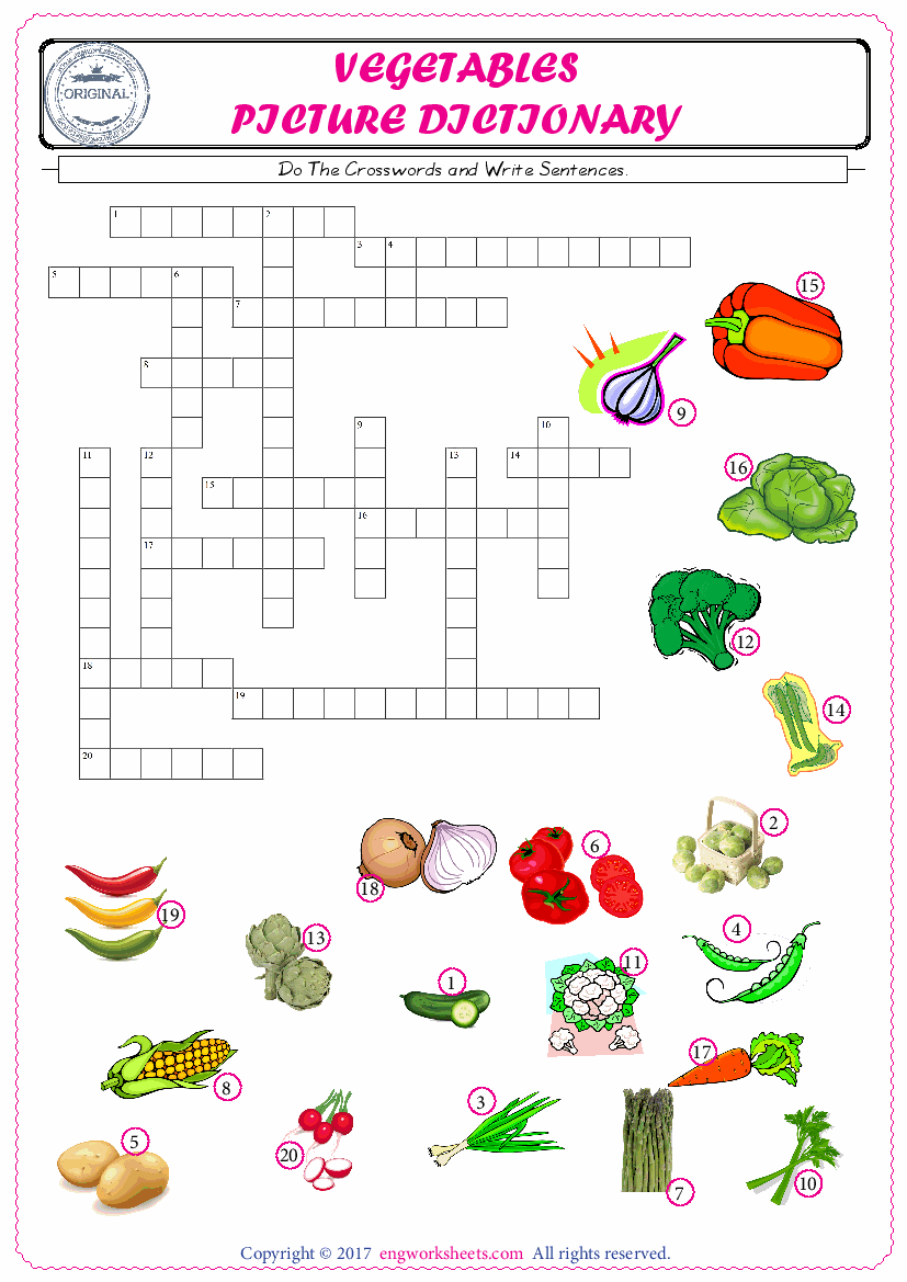  ESL printable worksheet for kids, supply the missing words of the crossword by using the Vegetables picture. 